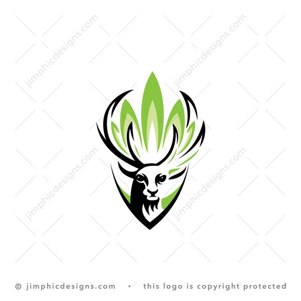 CBD Deer Logo logo for sale: Modern deer design with big horns are shaped around an iconic green marijuana leaf.