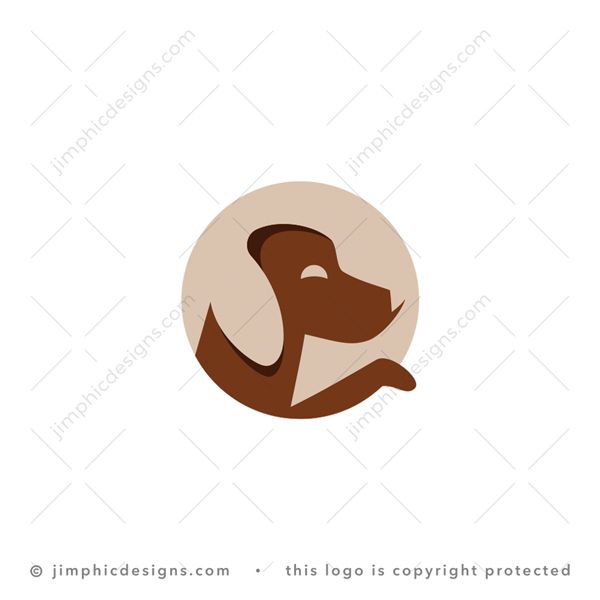 Dog Logo logo for sale: Very simplistic and charming smiling dog inside a circle with one paw outside.