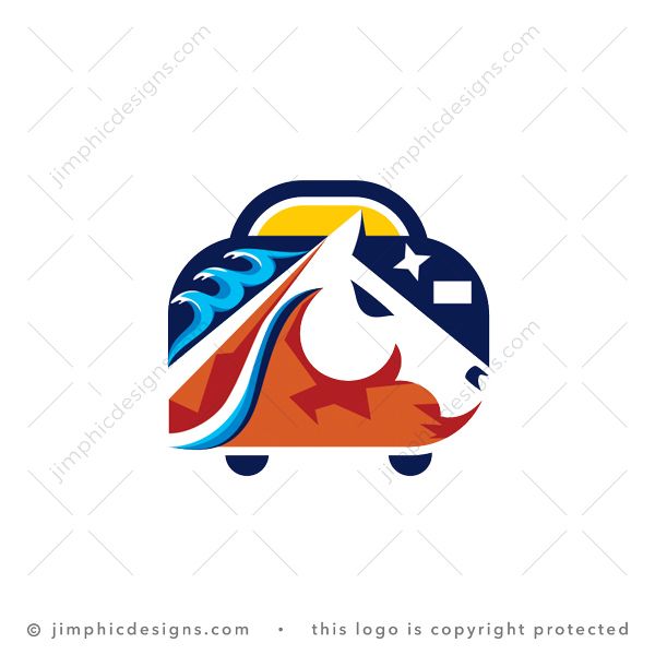 Horse Travel Logo logo for sale: Big iconic suitcase features a horse head inside with the mane as ocean waves and the space below shaped into mountain rocks and a waterfall. The sun is featured at the top, below the handle.