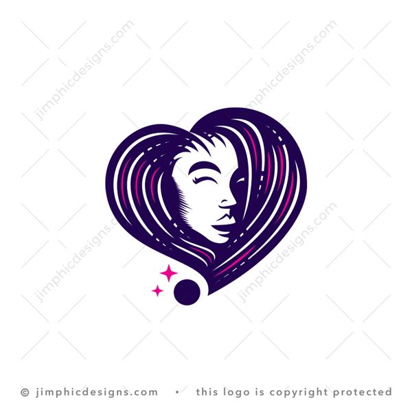 Love Hair Logo logo for sale: Charming heart shape featuring a woman inside with her hair shaped as the heart.