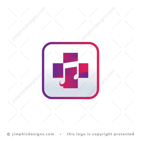 Music Medic Logo logo for sale: Music note is shaped with negative space inside an iconic medical cross shape.