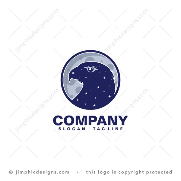 Moon Eagle Logo logo for sale: Detailed eagle outline design on the a moon graphic with the stars inside his head.