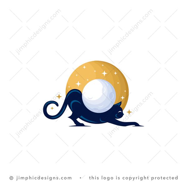 Cat Logo logo for sale: Modern cat stretching himself with his back curled into a perfect circle to shape the moon with starts.