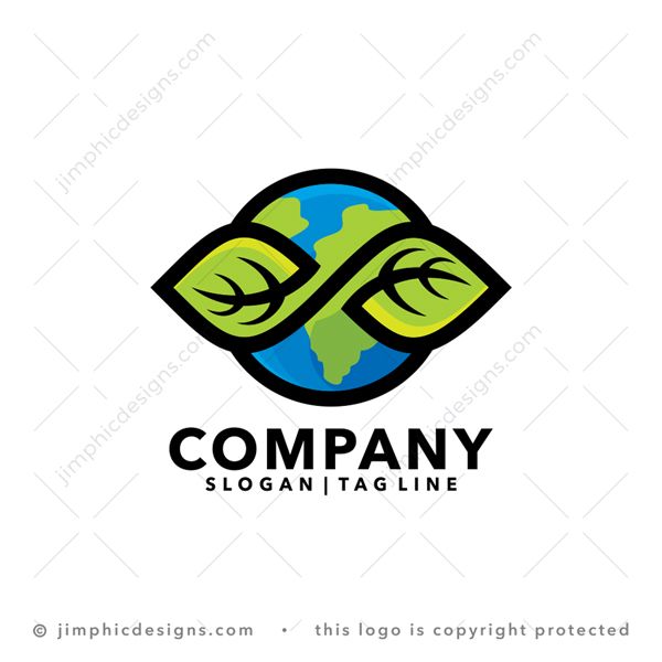 Green Earth Logo logo for sale: Bold earth globe design feature two green leaf plant folding on top of the earth.