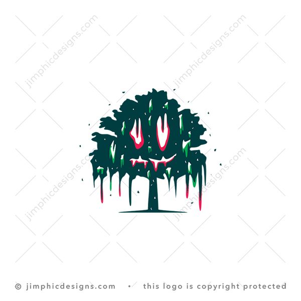 Monster Tree Logo logo for sale: Roughly shaped tree in green with a monster face appearance.