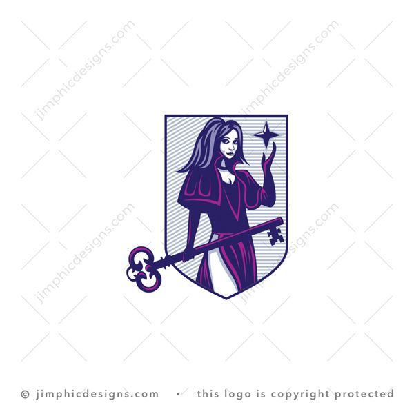 Key Warrior Logo logo for sale: Modern lady warrior design inside a shield holding a oversized key in her hand.