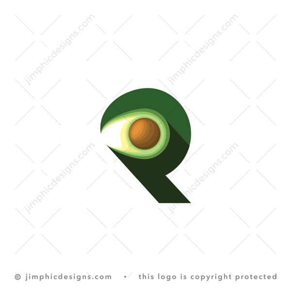 Avo R Logo logo for sale: Big and smooth letter R shapes itself around a fresh avocado fruit created with negative space.