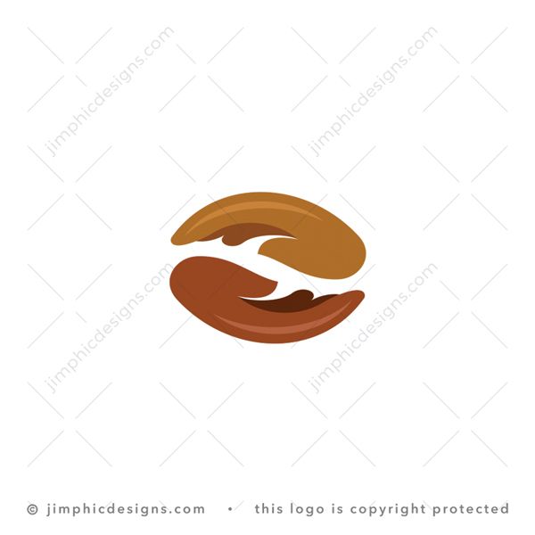 Care Coffee Logo logo for sale: Modern and smooth coffee bean design is shaped with two caring hands on top of each other.