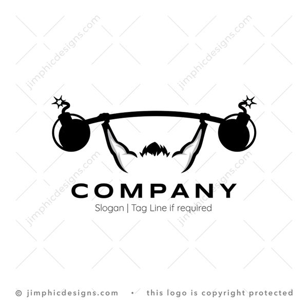 Bomb Workout Logo logo for sale: Muscular person holding up a weight bar above his head with big bombs attached to it.