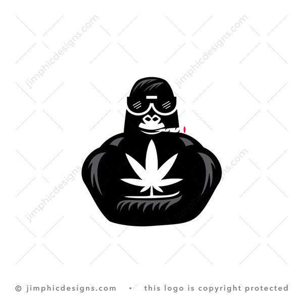 Cbd Gorilla Logo logo for sale: Modern gorilla holding a big marijuana leaf on his chest wearing sunglasses and smile on his face.