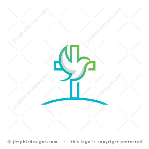 Christian Dove Logo logo for sale: Modern and simplistic Christian cross design featuring a big white dove in front shaped with the lines intertwined with the cross design.