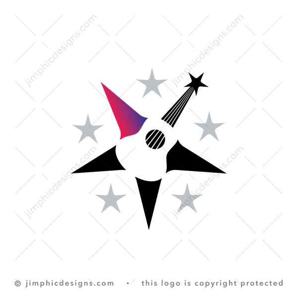 Guitar Star Logo logo for sale: Sleek and very simplistic guitar is shaped with negative space inside an iconic star.