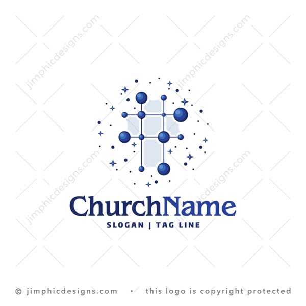 Church Logo logo for sale: Modern Christian cross design shape is created with brightly connected dots.