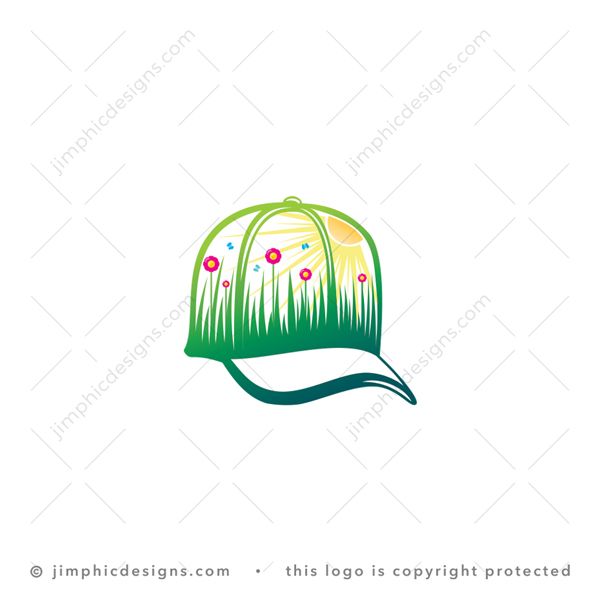 Nature Hat Logo logo for sale: Simplistic trucker cap style hat featuring a green scenery inside with green grass and some flowers.