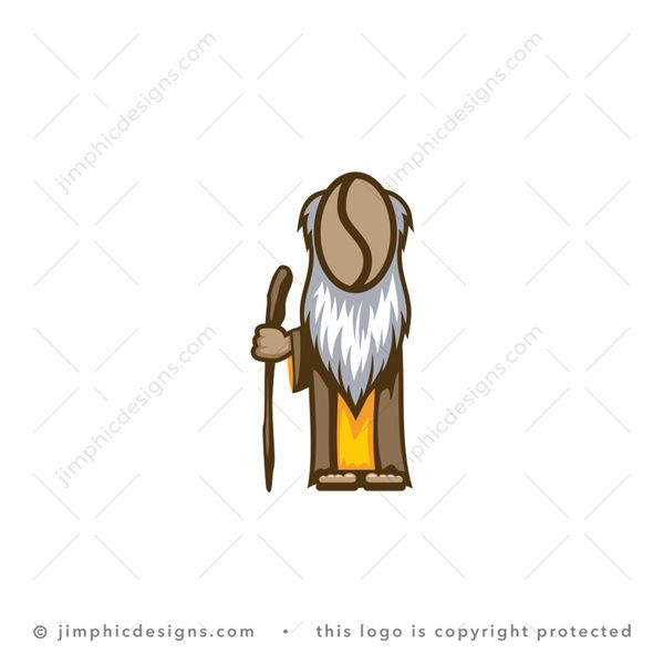 Wise Coffee Logo logo for sale: Modern wise man design standing with a old walking stick have the face of a coffee bean.