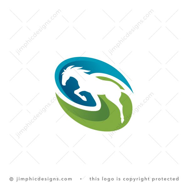 Horse Logo logo for sale: Two smooth abstract graphics floating into each other have a negative space horse in jumping action.