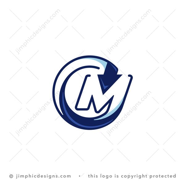 Arrow M Logo logo for sale: Modern uppercase letter M design is shaped with an arrow circling around the letter.