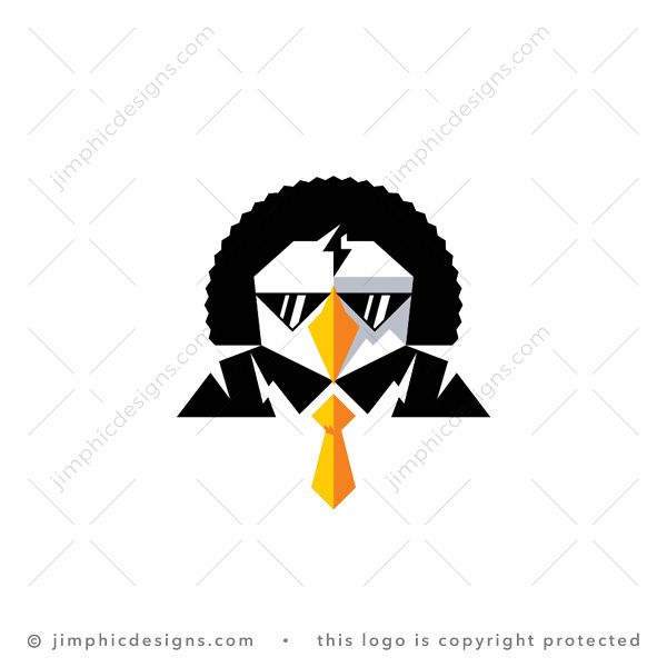 Afro Eagle Flash Logo logo for sale: Modern eagle head design wearing sunglasses, suit, tie, and a big afro shapes various flash designs on his suit and face.