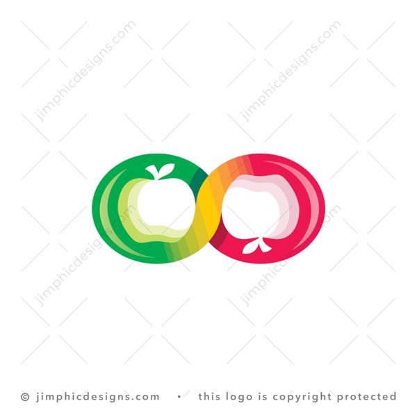 Infinite Fruit Logo logo for sale: Bold infinity symbol shape creates two white negative space apples inside.