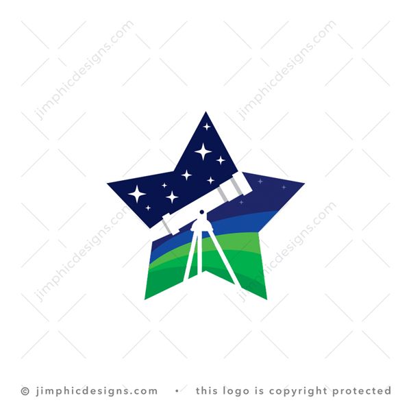 Star Gazing Logo logo for sale: Negative space telescope design inside a star with the telescope pointing upwards to look at stars.