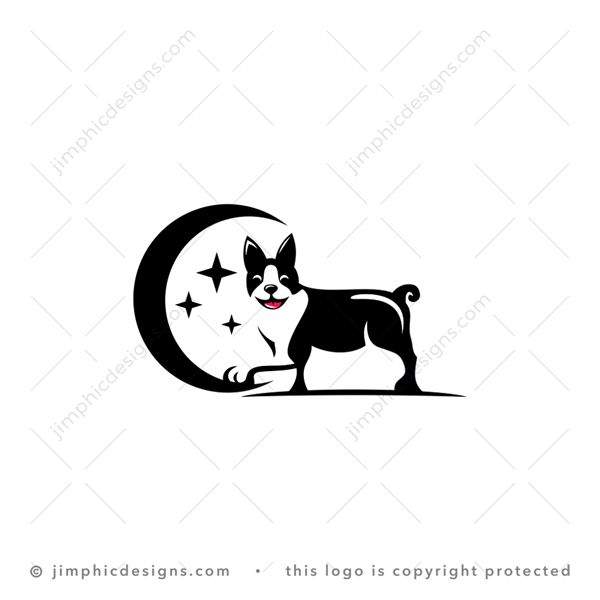 Dog Logo logo for sale: Happy dog standing with one foot on the moon and sparkling stars above.