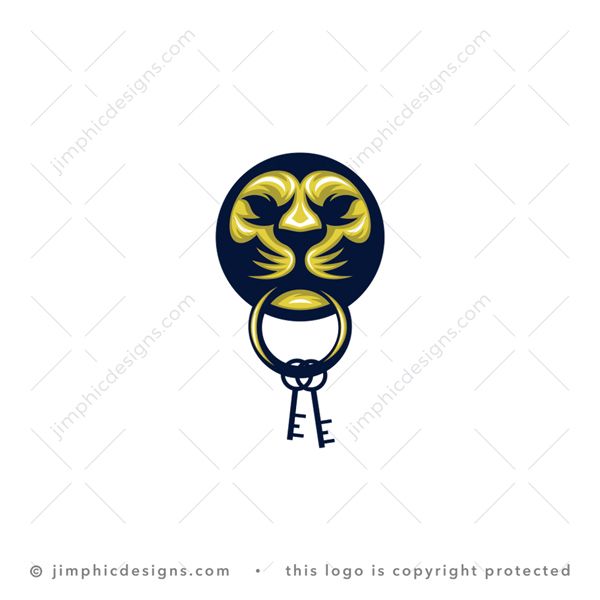 Lion Keys Logo logo for sale: Modern lion face design in a perfectly round circle shape and holding a set of keys in his mouth.