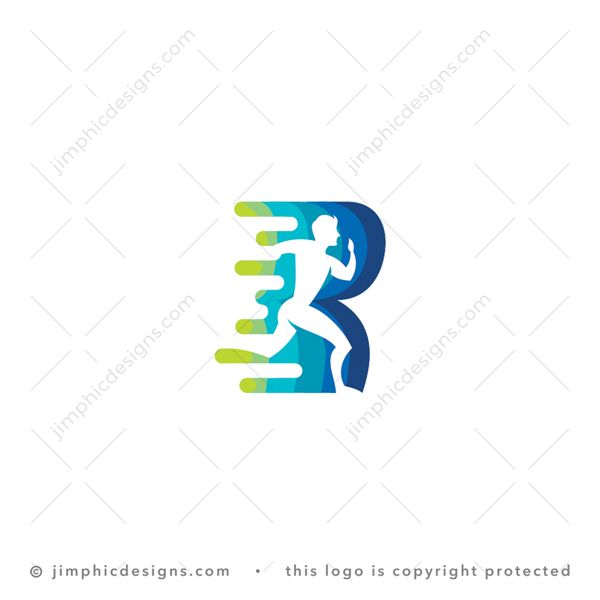 R Run Logo logo for sale: Smooth uppercase letter R design featuring a negative space running figure inside.