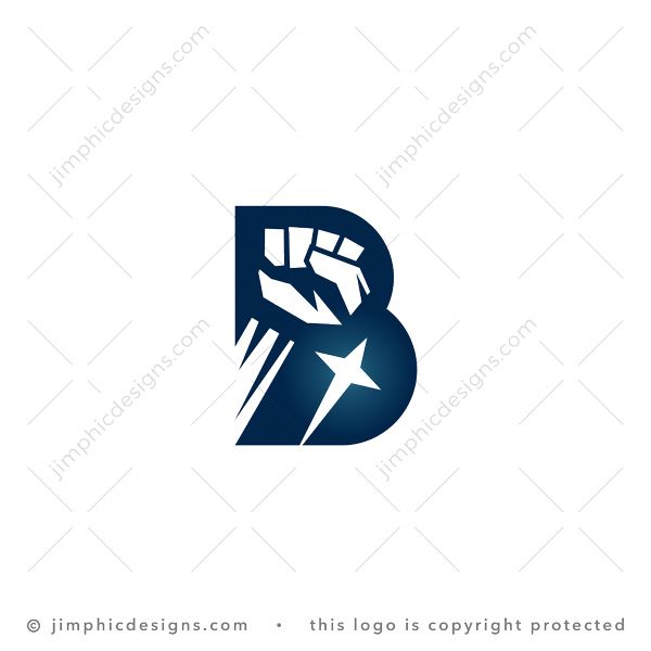 Letter B Fist Logo logo for sale: Uppercase letter B design featuring a hand that is clenched into a fist and moving in an upward motion.