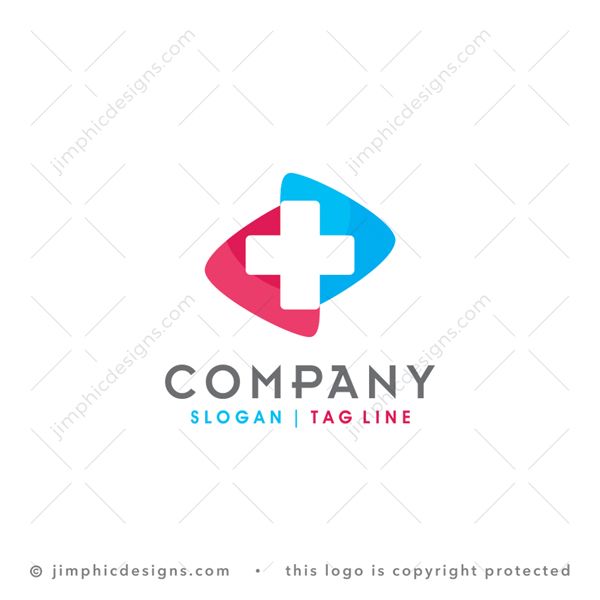 Cross Logo logo for sale: Negative space medical cross is shaped with two rounding arrows pointing in opposite directions.