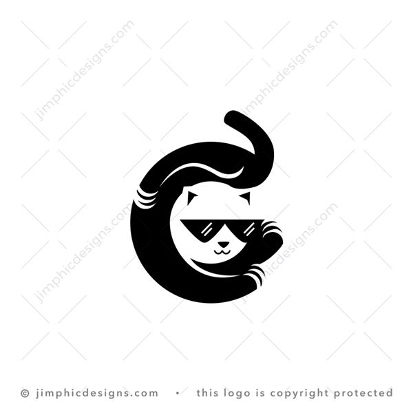 Letter C Cat Logo logo for sale: Sleek cat with sunglasses lying in a round circle creating the letter C.