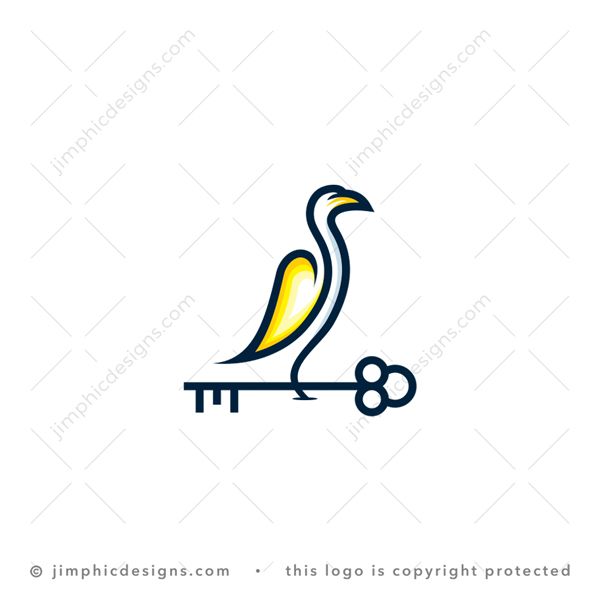 Bird Key Logo logo for sale: Modern bird shaped with a line graphic standing in the water with the key behind shaping the end of the water.