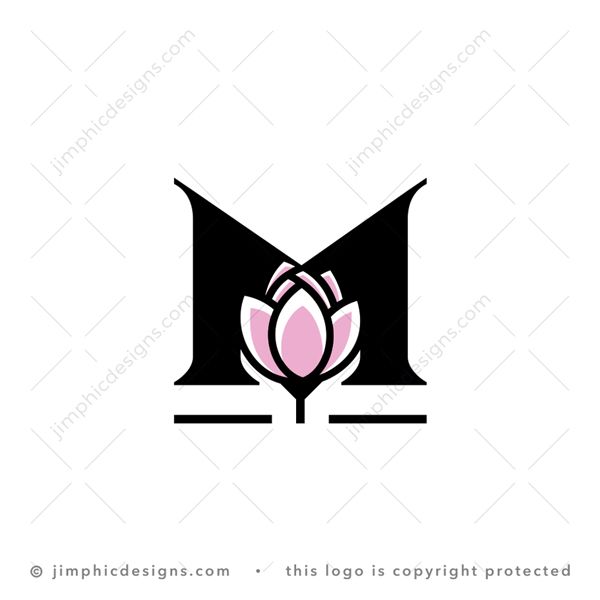 M Flower Logo logo for sale: Modern and simplistic lotus type flower in the middle of a letter M design.