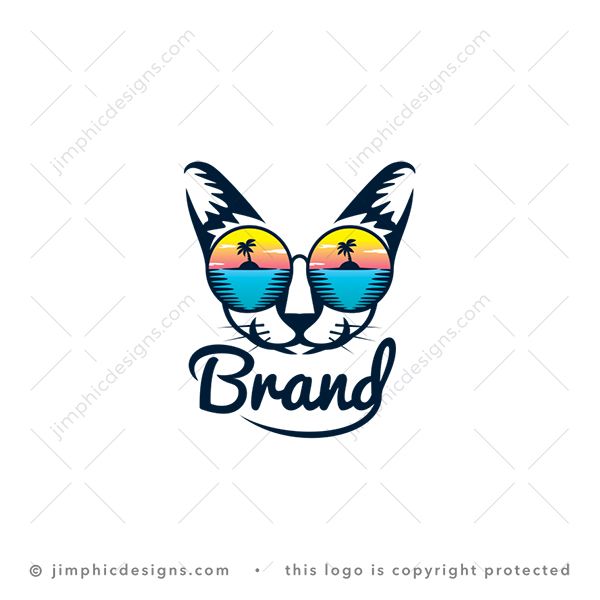 Cat Holiday Logo logo for sale: Smiling cat with big hippy sunglasses reflecting an iconic holiday island with a palm tree.