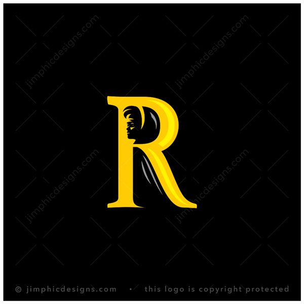 R Cloak Logo logo for sale: Iconic uppercase sans serif letter R design featuring a person wearing a cloak inside.